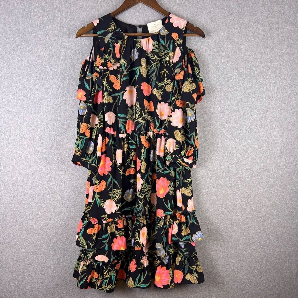 Kate Spade Dress Women 6 Black Floral Blossom Ruffle Cold Shoulder Tiered Garden
